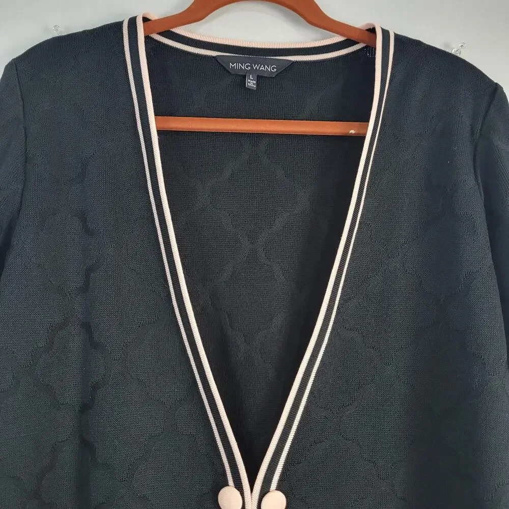 Ming Wang Double Striped Hem Cardigan women's size L Black Pink Preppy Old Money